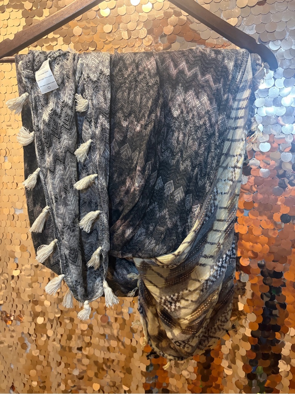 Sears Black and Cream Patterned Tassel Scarf Wrap
